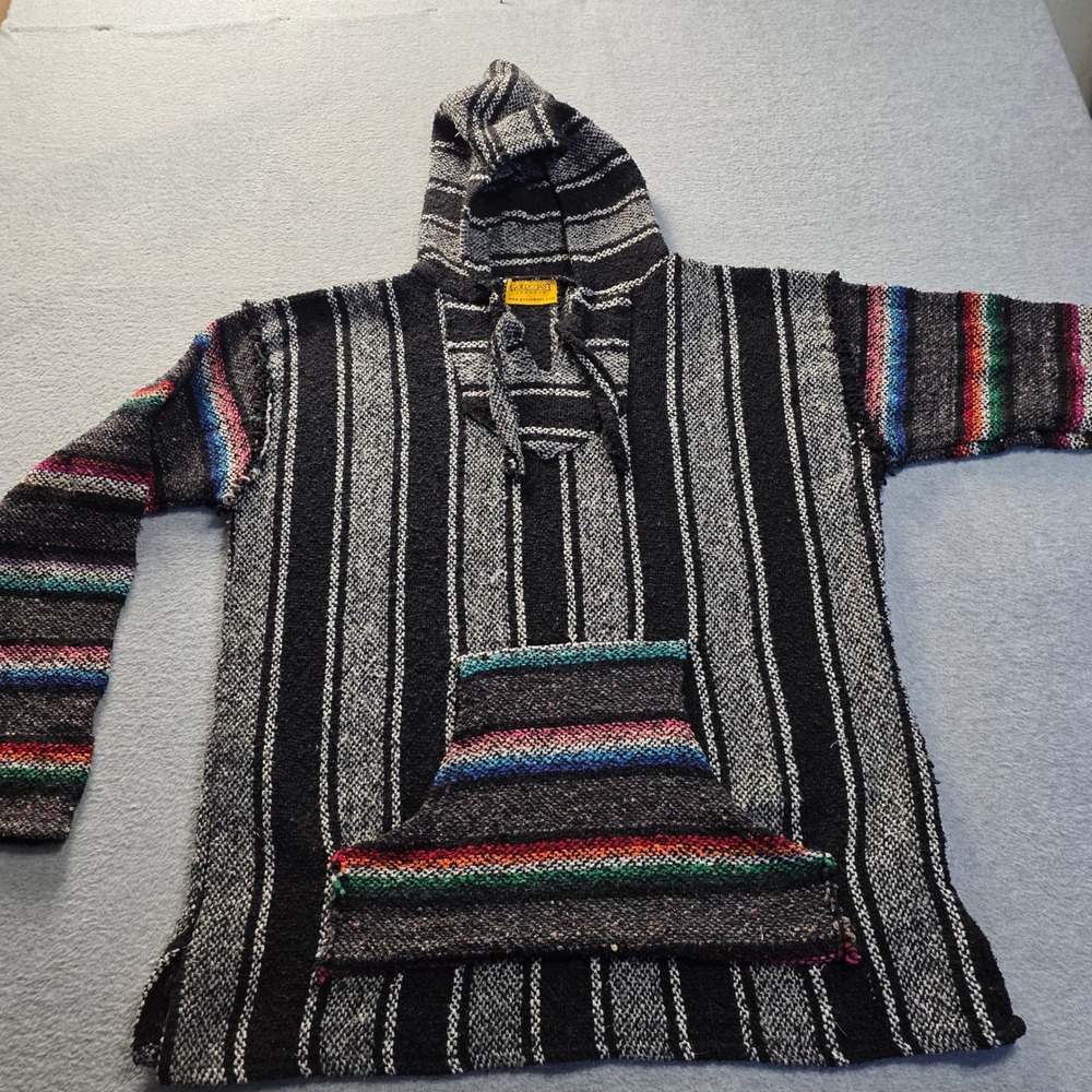 Goldcoast Sunwear Baja Hoodie Drug Rug Striped Pullover Black Gray Multi Mens‎ L